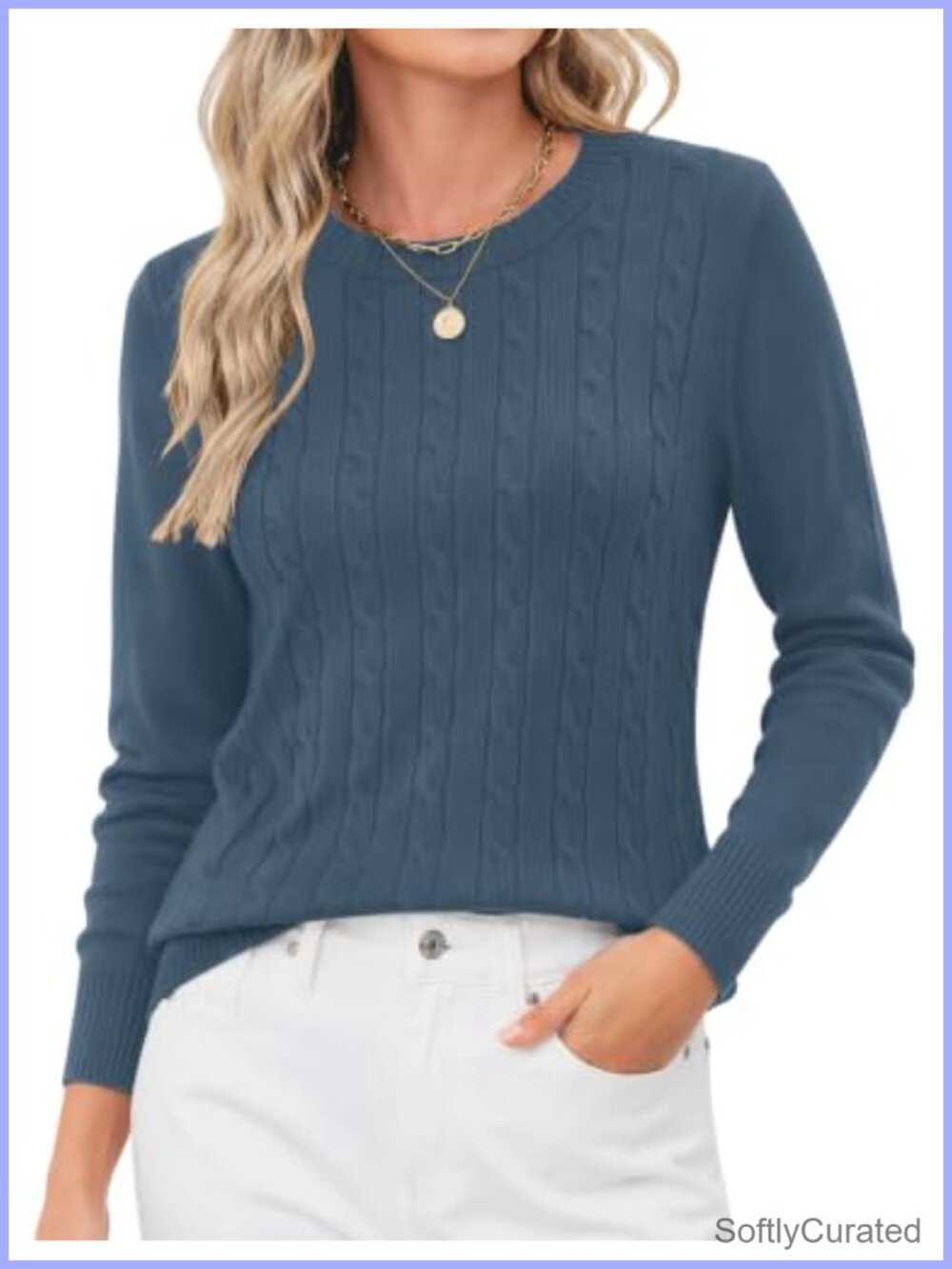 Women's Contrast Trim Knit Sweater Long Sleeve Crew Neck Pullover